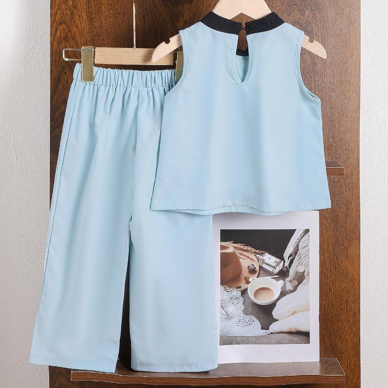 Модный комплект для девочек 2025 года, летний детский повседневный свободный топ без рукавов с круглым вырезом + брюки