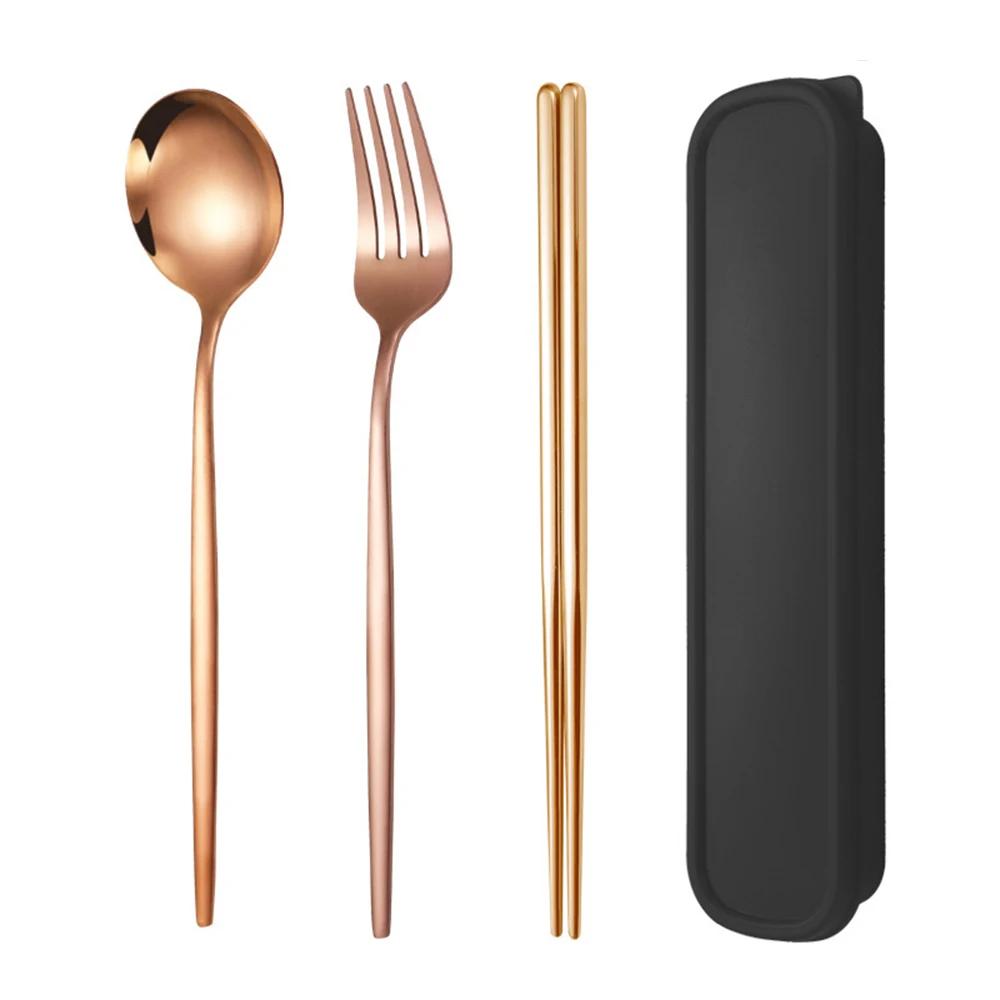 4 шт. Золотой портативный набор столовых приборов с коробкой ложка вилка палочки для еды набор из нержавеющей стали обеденная посуда кухонные принадлежности