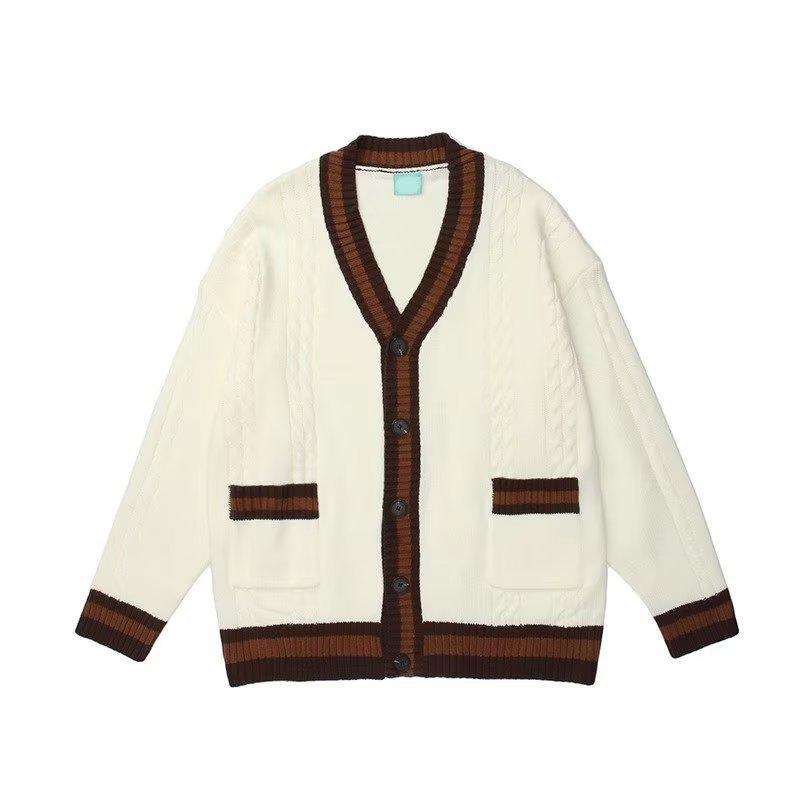 Мужской вязаный кардиган с V-образным вырезом в стиле ретро - Коллекция Осень 2022, Универсальный свободный топ с длинным рукавом