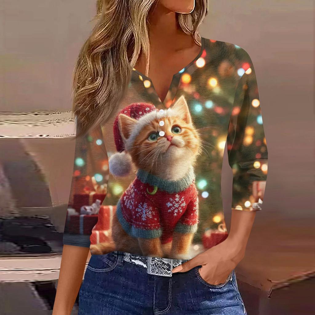 Women's Fashionable Casual Christmas Printed V-neck Three-quarter Sleeve Decorated Button Top