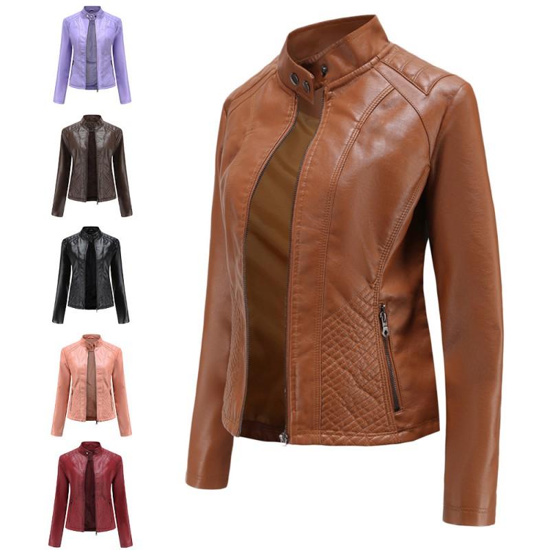 Womens Slim Fit Faux Leather Biker Jacket Short Length Long Sleeve Stand Collar Casual Outerwear In Black Camel Burgundy Coffee