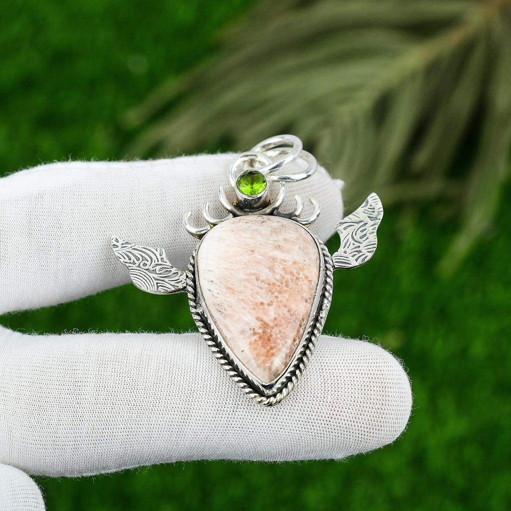 Friendship Day Sale Sterling Silver Natural Scolecite Peridot Artisan Pendant