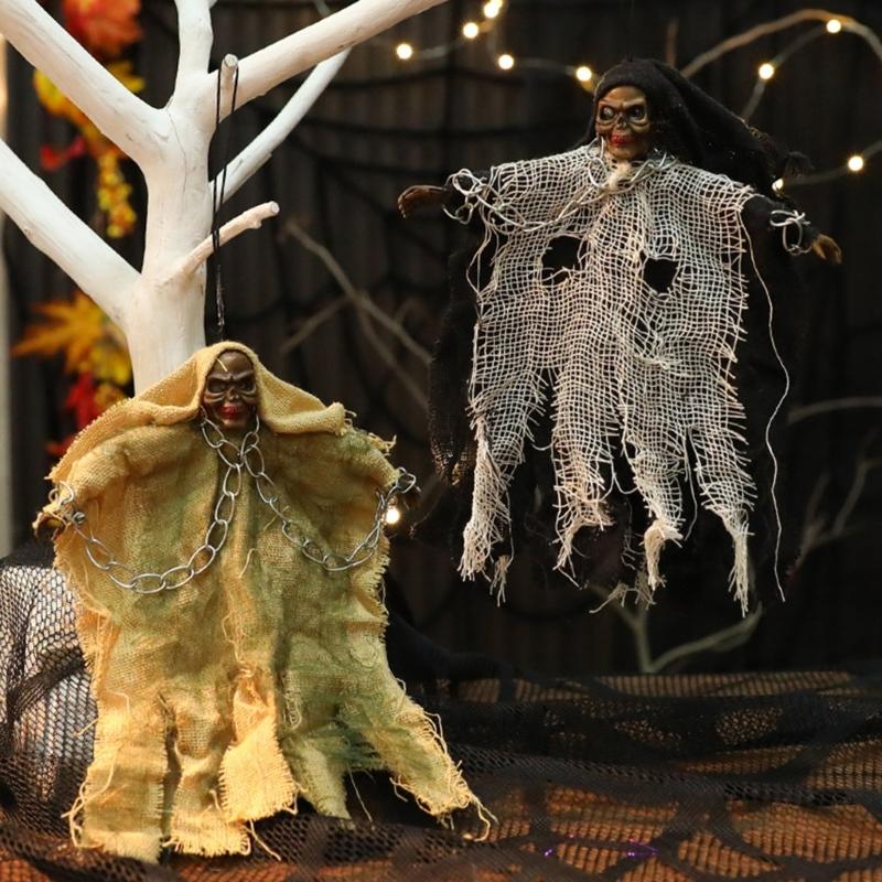 Witch Skeleton Hanging Ornament with Light up Eye Halloween Ghostly Witch Ceiling Decoration for Doorway Patios Garden