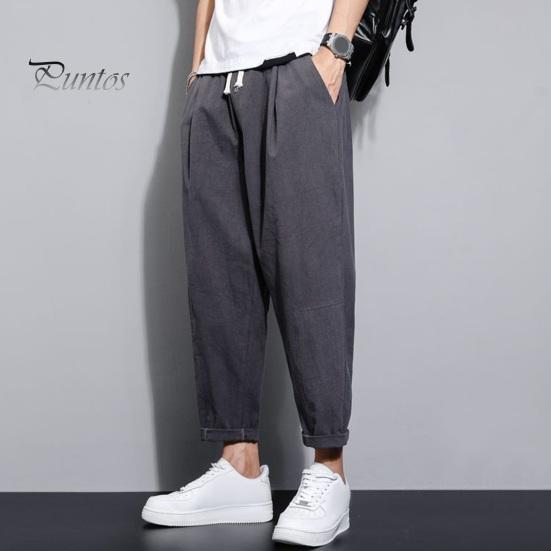 Мужские девятые брюки с тонкими боковыми карманами на шнурке и эластичной резинкой на талии в японском стиле с широкими штанинами, сплошной цвет в стиле ретро, ​​спортивные штаны для тренировок в тренажерном зале, длинные брюки