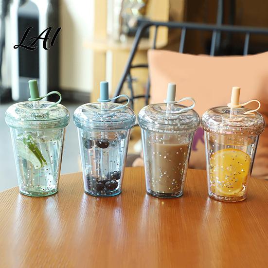 Sealed Lid Tumbler for Women Transparent Straw Cup with Sequins Decor And Leak Proof Large Capacity Iced Coffee Mug Lid Reusable Plastic Sippy