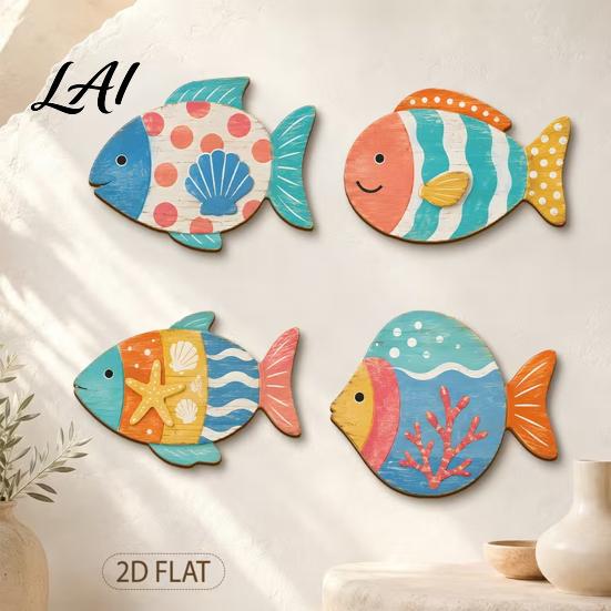 Decorative Hanging Fish Plaques 4PCS Aspen Wood Wall Decor Colorful Marine Life Home Accents Art Beach Theme for Bathroom Living Room Nautical Style