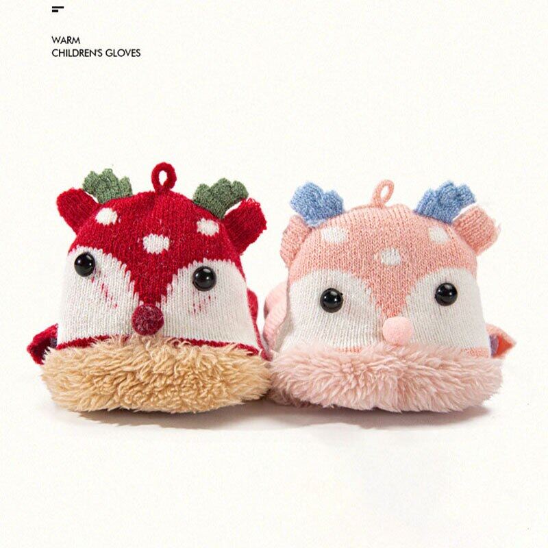 4-12 Years Children Gloves Winter Knitted Half Finger Plush Thick Warm Cartoon Boy Girl Christmas Flip Gloves