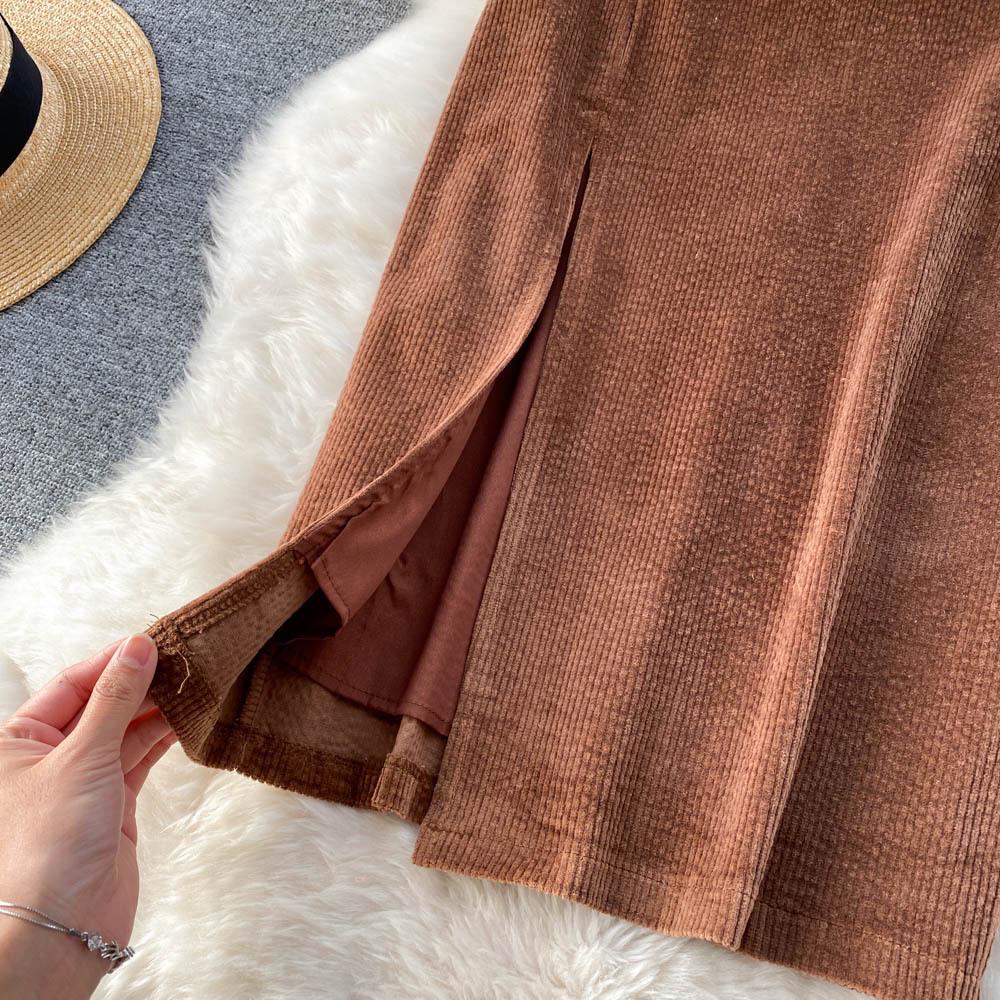 Юбка в стиле ретро с высокой талией и разрезом, свитер: Стиль Гонконг и Корея, облегающий, средней/длинной длины, подходит для ранней осени и зимы