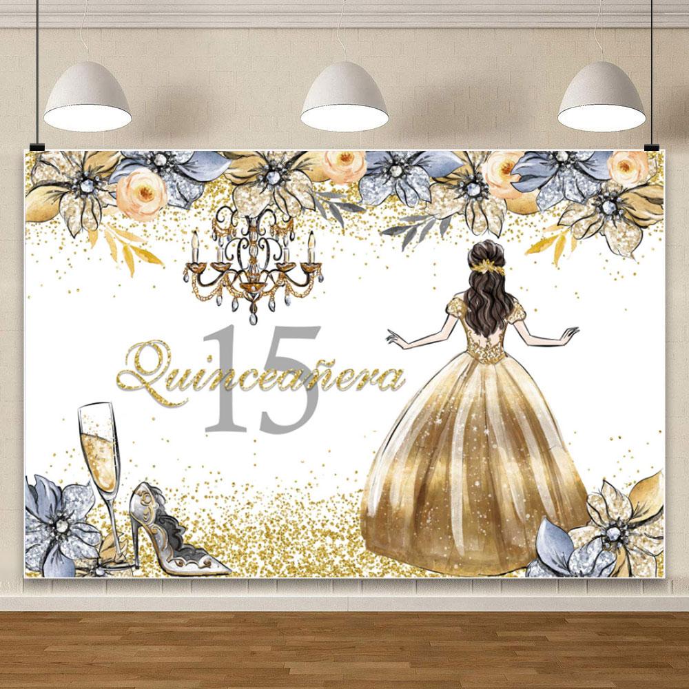 15th Birthday Party Backdrop Custom Decor Floral Crown Pink Rose Quinceañera Princess Flower Butterfly Sweet Girl Dress Photo