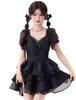 Qichenk Gothic Cosplay Lolita Dress, Cute, Mass-Produced, Women's, Mini, Bow, Stylish, Ribbon, Lace, Ruffles, Open Shoulder, Black, Size 03, M