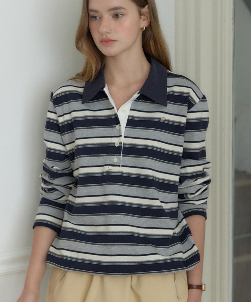 OURHOPE Sorbet Stripe Pique Sleeve T-Shirt - Navy
