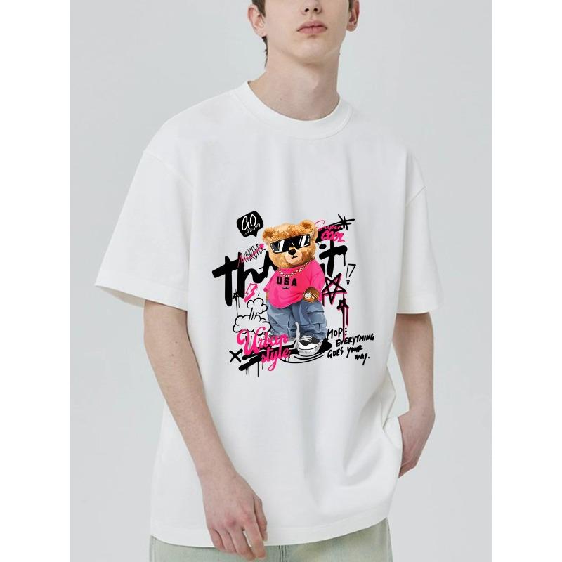 Черная футболка с графикой медведя и розовым текстовым принтом для повседневной носки