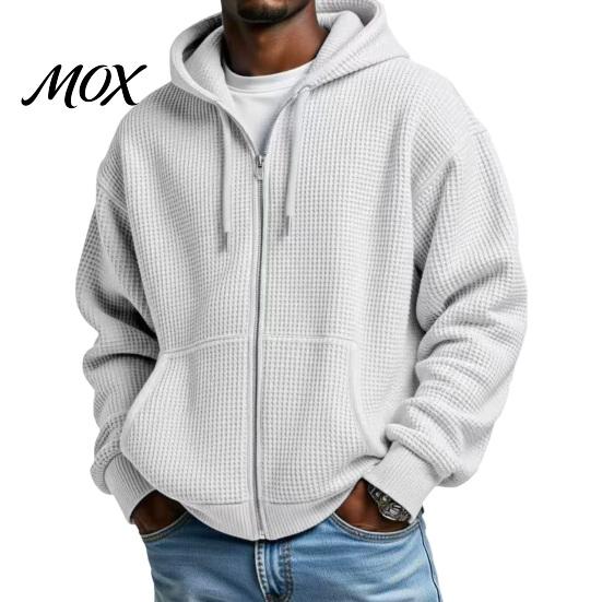 Mens Casual Waffle Jacket Men's Hooded Jacket, Solid Knit Zip Up Hoodie with Adjustable Functional Utility Storage Hood & Pockets, Long Sleeve