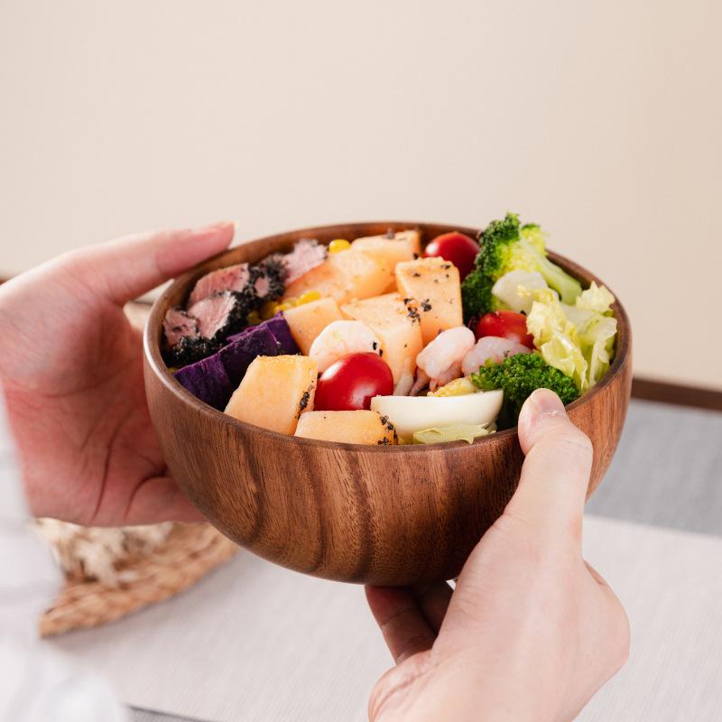 Изысканная натуральная деревянная салатница ручной работы Классическая круглая салатная обеденная тарелка из акации Тарелки Премиальная деревянная кухонная утварь