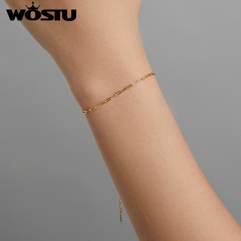 WOSTU Real 925 Sterling Silver Basic Cable Chain Bracelet Hollow Link for Women Fashion Jewelry Gift CQB221