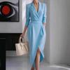 Women's 3/4 Sleeve V Neck Midi Sheath Bodycon Dress Formal Faux Wrap Cocktail Work Dress Office Business Outfit
