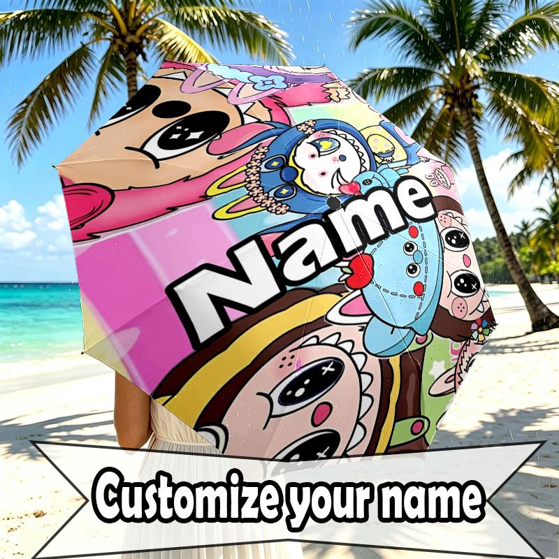 Custom Name Personalized Labubu Print Umbrella, Auto Open Close, 8‑Rib Sturdy Frame, Commute Camping Hiking Use, Birthday Gift