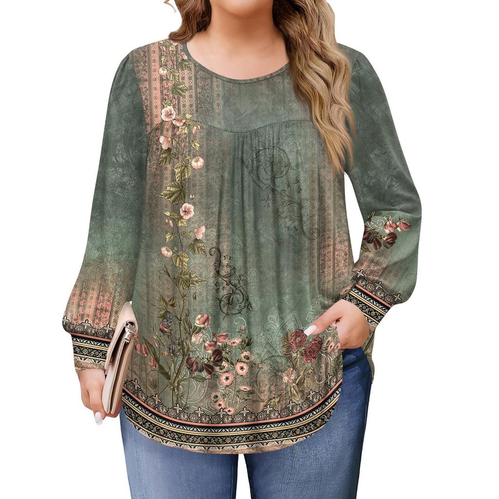 Womens Plus Size Tops Long Sleeve Shirts Round Neck Flowy Tunic Casual Loose Blouse L-5X