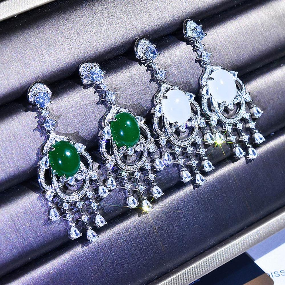 Elegant Imitation Emerald Chalcedony Earrings with Hetian White Jade Drops for Women