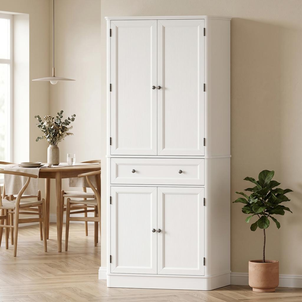 Kitchen Cabinet with 4 Doors, Drawer, and Adjustable Shelves for Kitchen, 80 x 39.5 x 186.4 cm White