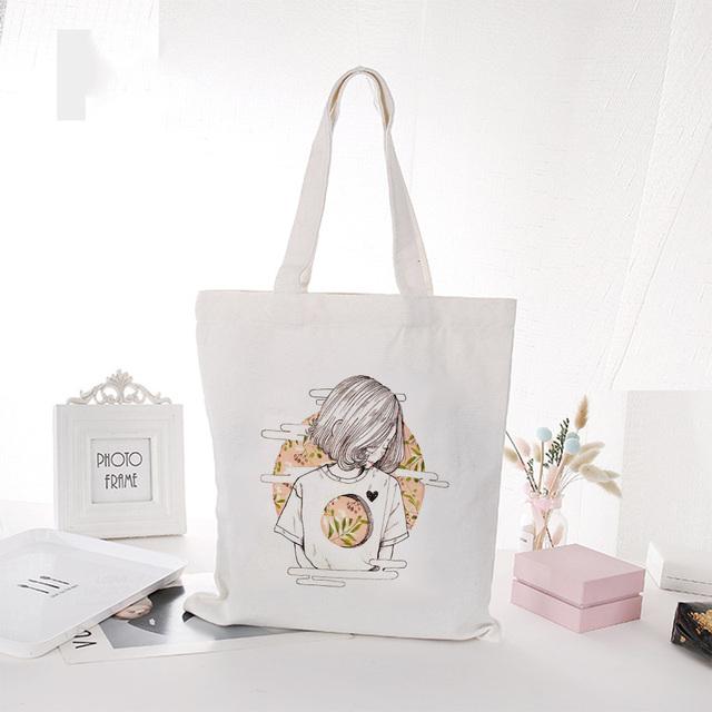 Kawaii Little Girl Print Shopping Canvas Tote Bag Harajuku Aesthetic Reusable Shopper Shoulder Bag Handbag Student Book Bags