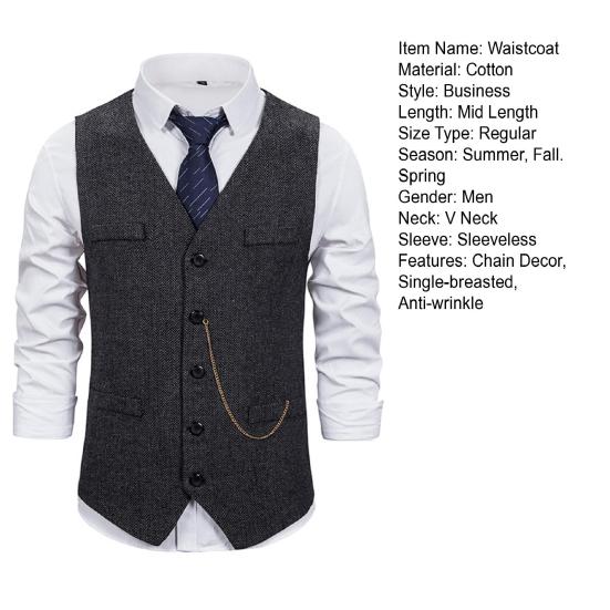 Мужской деловой жилет, деловой жилет с цепочкой, декор без рукавов, облегающий однобортный однобортный жилет с v-образным вырезом, против морщин, накладные карманы, мужское пальто