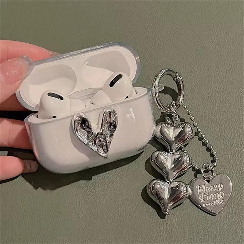 Милый 3D Серебряный чехол для наушников Love Heart для AirPods 4 Airpods Pro 2 3 с подвеской в виде бусин защитный чехол мягкий чехол