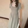 Square Collar High Waist Temperament Dress Slightly Fat Summer New Korean Medium and Long Skirt