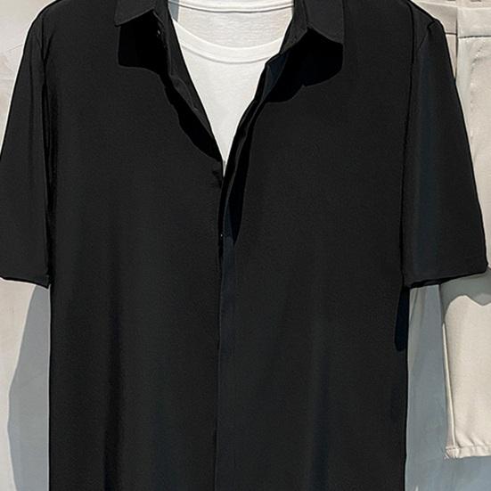 Мужская летняя рубашка с отложным воротником из ледяного шелка со скрытыми пуговицами, однобортный однобортный кардиган свободного кроя, повседневный офисный топ средней длины с короткими рукавами