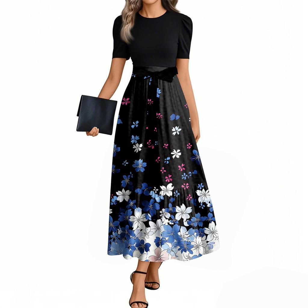 Women's Fashion Casual Belted Short Sleeve Round Neck Printed Elegant Temperament Dresses