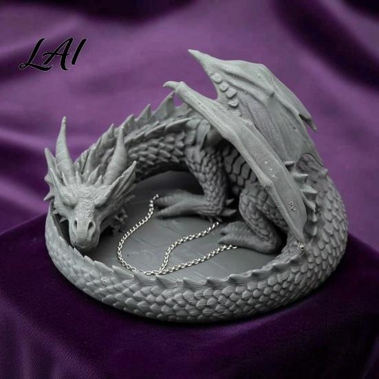 Ring Storage Tray 3D Printed Dragon Jewelry Tray Coiled Figurine Key Bowl Fantasy Necklace Display Stand Desktop Organizer for Earrings Necklaces,