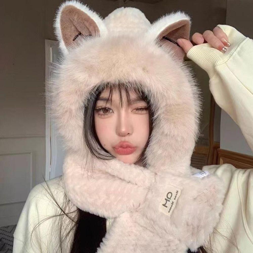 Корейский стиль шапка-ушанка шарф мягкий зимний шарф осень женская плюшевая шапка с шарфом для девочек