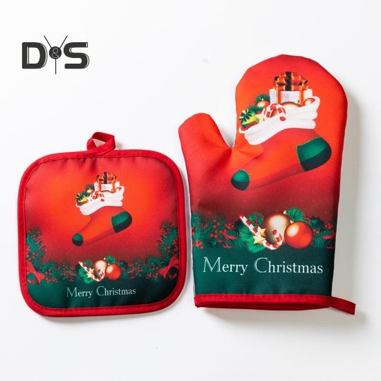 1 Set Baking Glove Cartoon Pattern Christmas Glove Heat-resistant Oven Glove with Mat for Home Kitchen