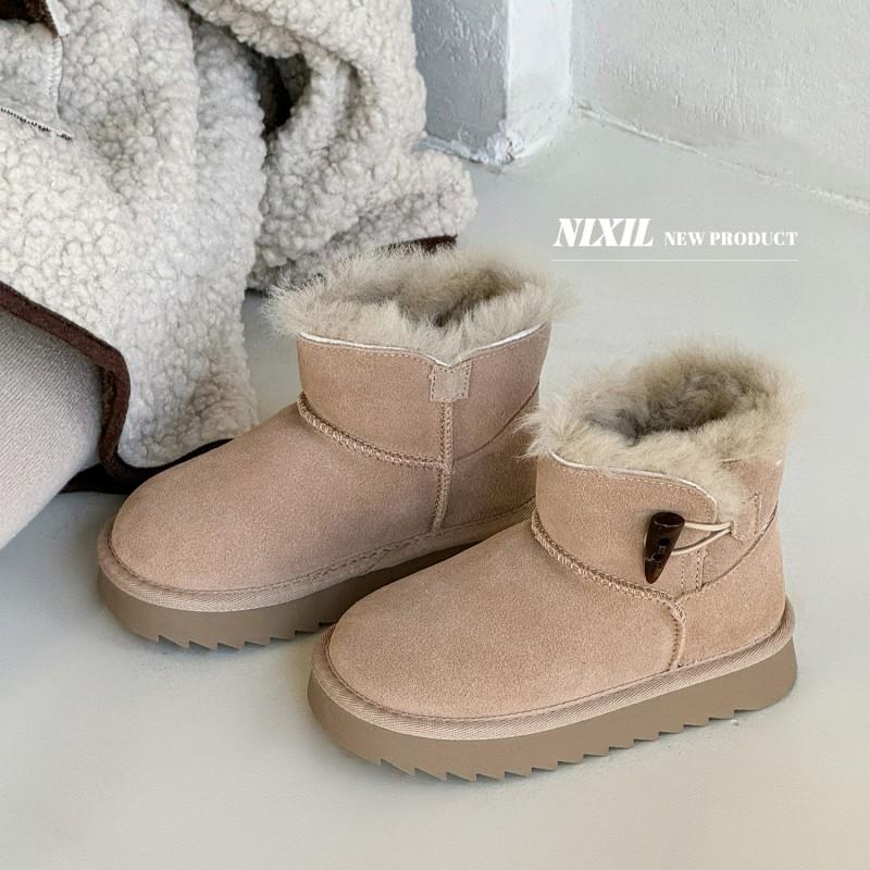 Kids Winter Snow Boots Girls With Horn Buttons Faux Suede Warm Lined Ankle Anti-Slip Rubber Sole