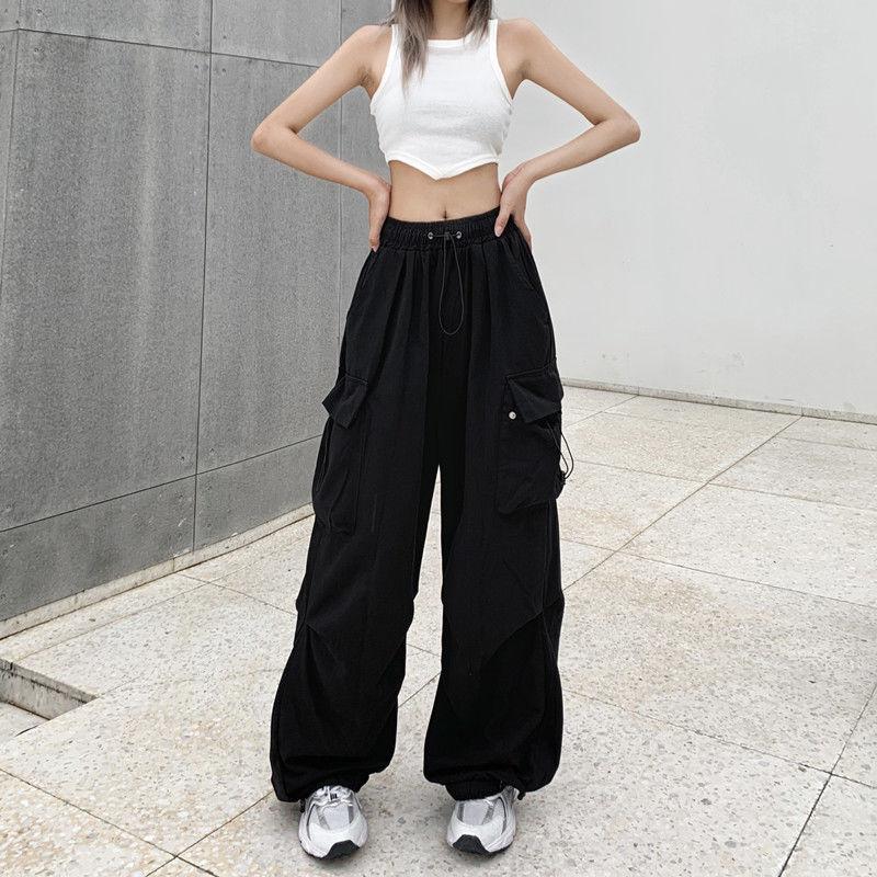 Women Casual Joggers Pants Solid Low Waist Pants Drawstring Wide Leg Baggy Trousers Y2k Streetwear Oversize Sweatpants