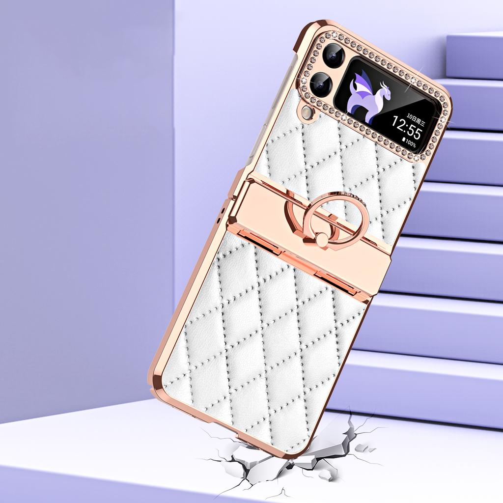RENGZ Diamond Plating Leather Hinge Protection Case For Samsung Galaxy Z Flip 6 5 4 3 Folding Ring Holder Cover for Flip5 Flip4