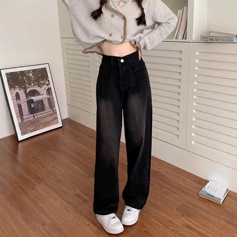 Blue Gray Straight Loose Jeans for Women Spring and Autumn New High Waist Slimming Small Wide-Leg Pants
