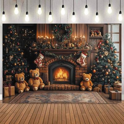 Merry Christmas Toy Bear Themed Photography Background Vintage Fireplace Bookshelf Xmas Tree Family Party Decoration Backdrops