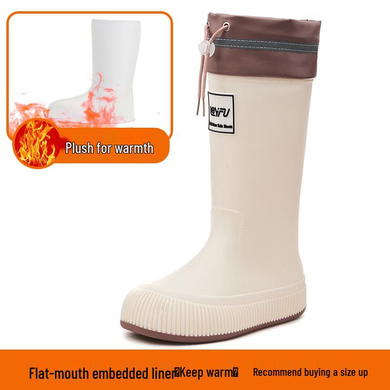 Женские высокие резиновые сапоги в японском стиле с флисовой подкладкой, водонепроницаемые - Нескользящие, легкие и износостойкие.