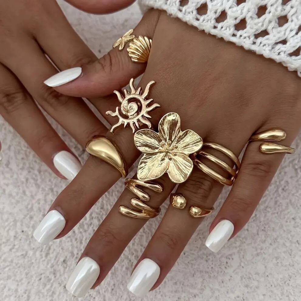 Ingemark 8Pcs/Set Creative Sunflower Scallop Open Rings for Women New Trend Vintage Irregular Water Drop Ring Couple Jewelry Men