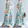 Real Summer New Literary Loose Cotton and Linen Printing Round Neck Sleeveless Dress Women's Medium and Long