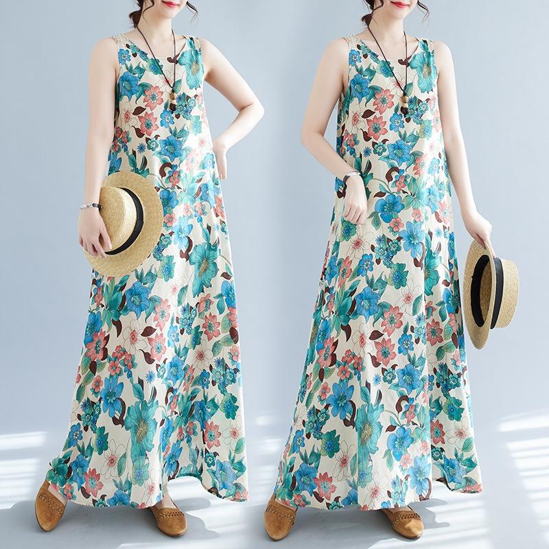 Real summer new literary loose cotton and linen printing round neck sleeveless dress women's medium and long