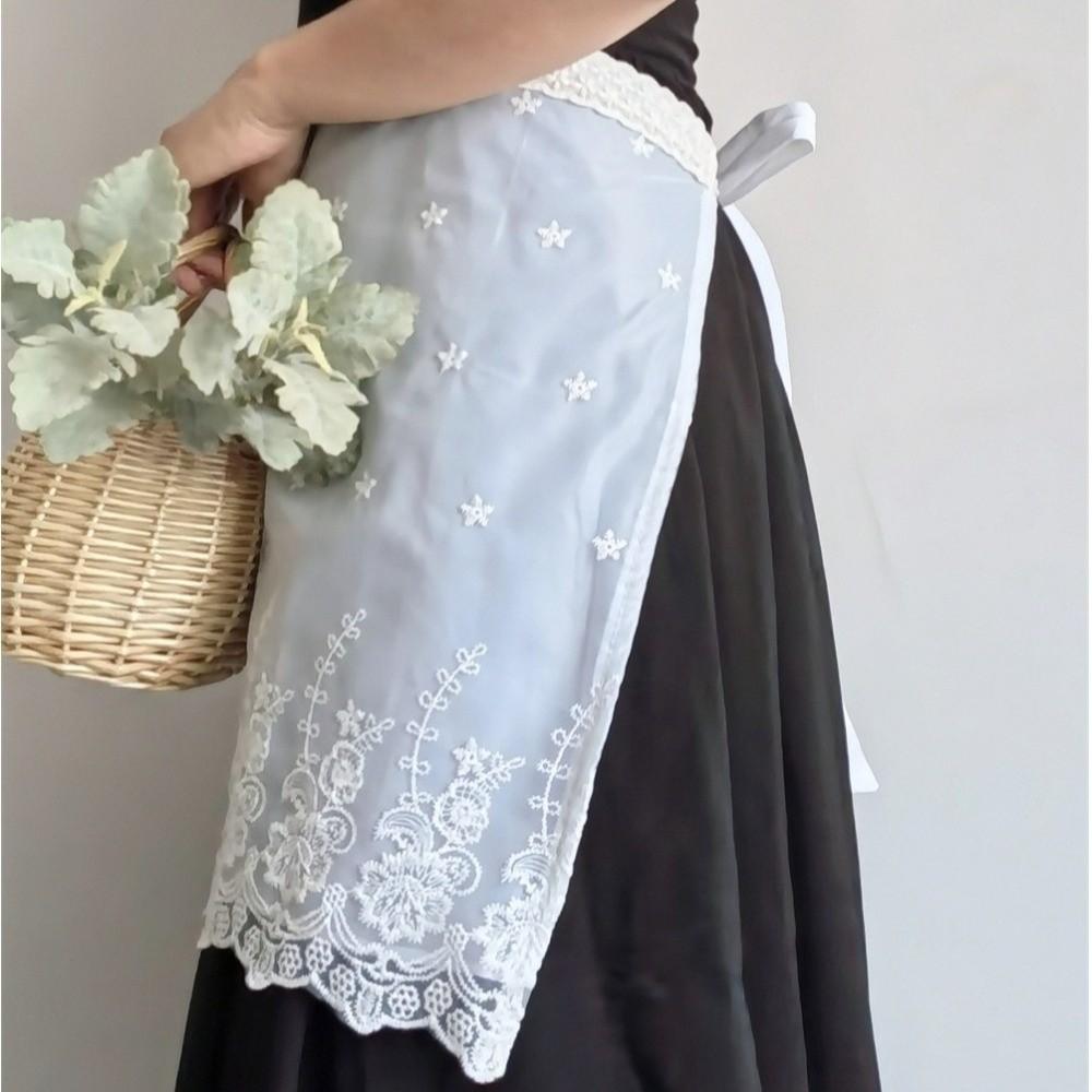 Lace Trim Waist Apron Half Length Embroidered Apron Stylish Floral Apron For Kitchen