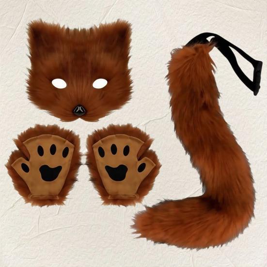 Faux Fur Cat Fox Maque Tail And Paw Gloves Set Handmade Furry Animal Therian Kit Masquerade Halloween Party Cosplay Costume Accessory