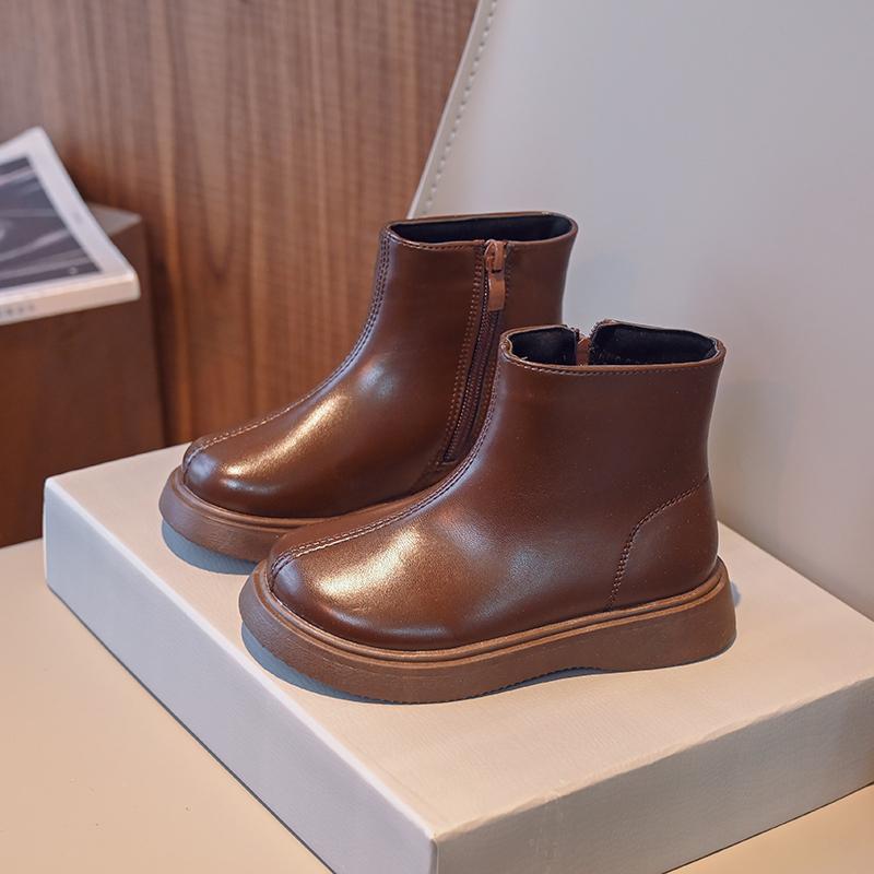 Children Fashion Boots Simple Style Girls Ankle Boot Causal Black Kids Short Leather Boots Side Zipper Autumn Winter 2024 New