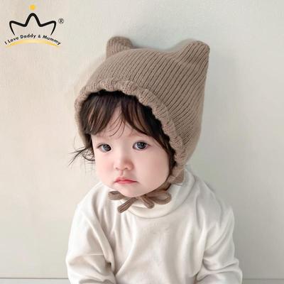 Новая детская шапка с милыми мультяшными ушками, однотонная мягкая хлопковая шапка для новорожденных, теплая защитная шапка с ушками для мальчиков и девочек, вязаные шапки