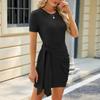 Женское повседневное, модное и сексуальное новое платье длиной до колена с круглым вырезом, копченым ремешком и короткими рукавами