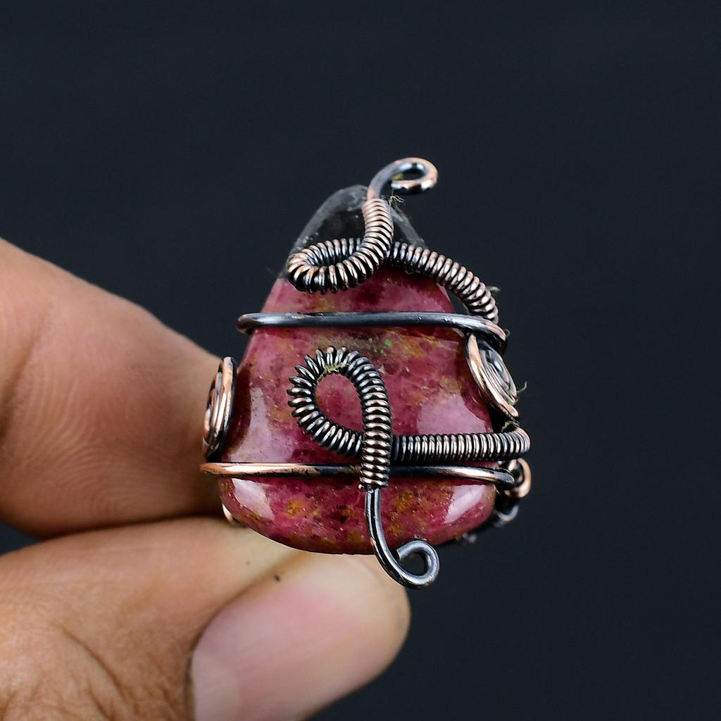 Natural Rhodochrosite Gemstone Handmade Copper Wire Wrap Ring Size 6 T6s17