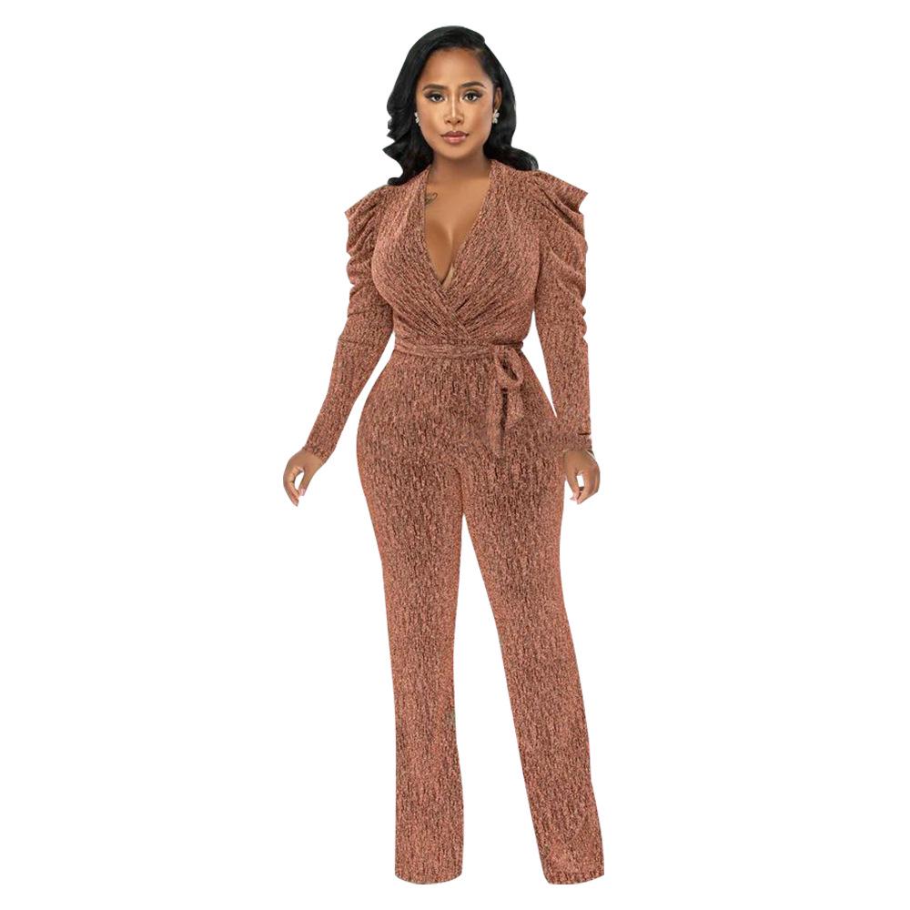 European & American Women's Sexy V-Neck Puff Sleeve Shiny Knit Jumpsuit