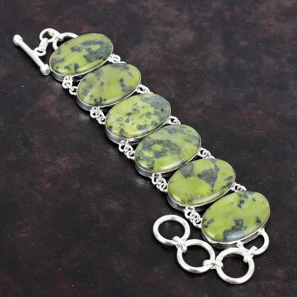 Браслет из серпантина, браслет из натурального драгоценного камня, ручная работа, старинные ювелирные изделия, браслет из стерлингового серебра 925 пробы, регулируемый браслет-цепочка, подарки для жены